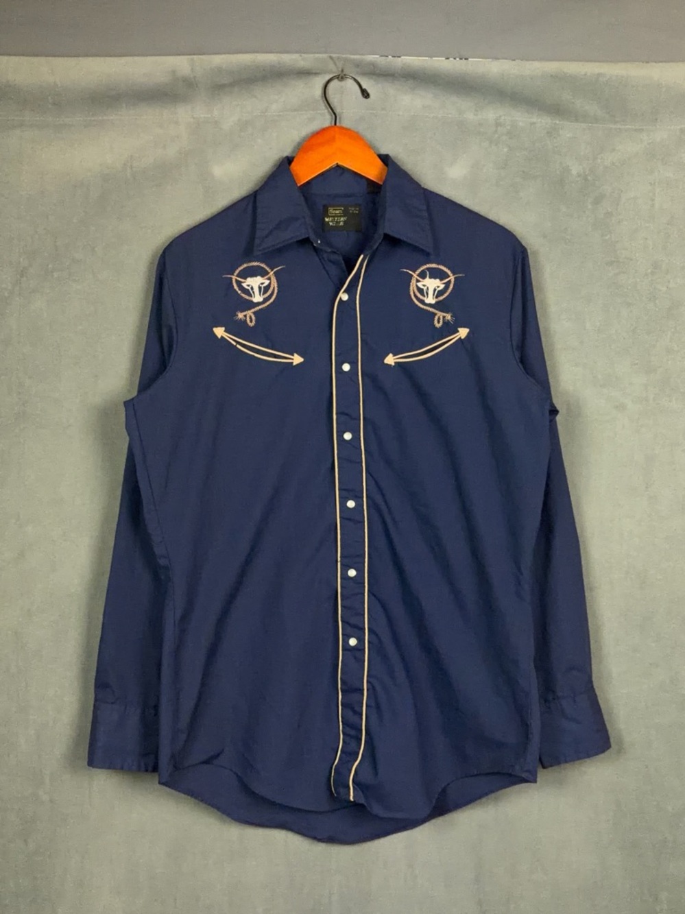 Vintage Sears Western Pearl Snap Shirt Mens Size Medium Navy Blue Embroidered
